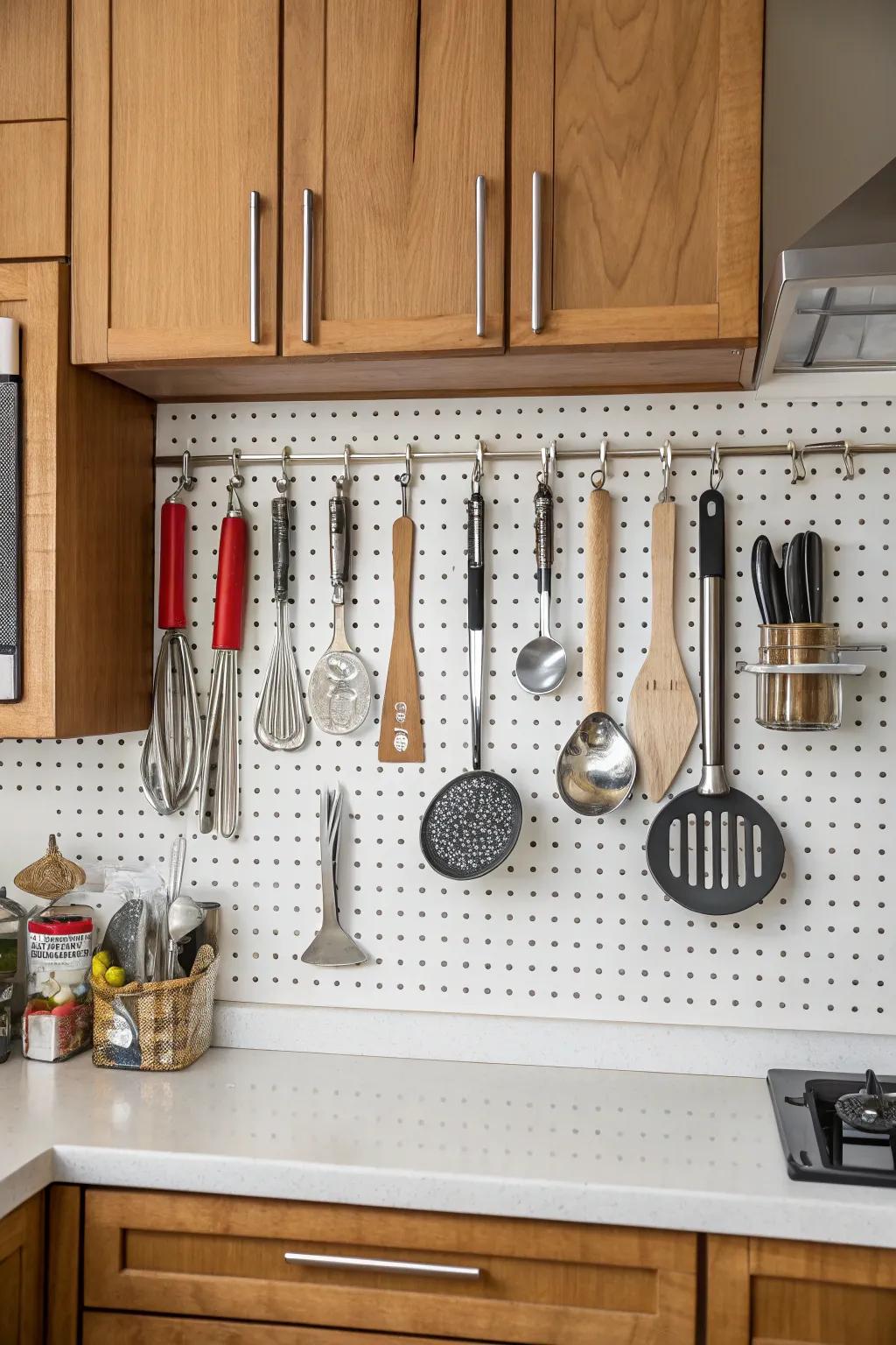 Pegboard transforming kitchen tools into functional art.