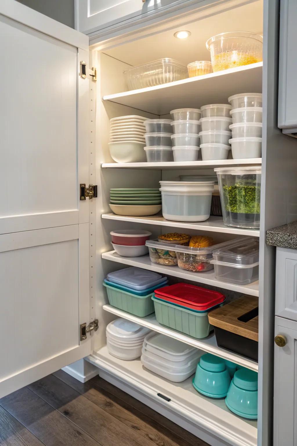 Custom shelving transforming kitchen storage for plastic containers.