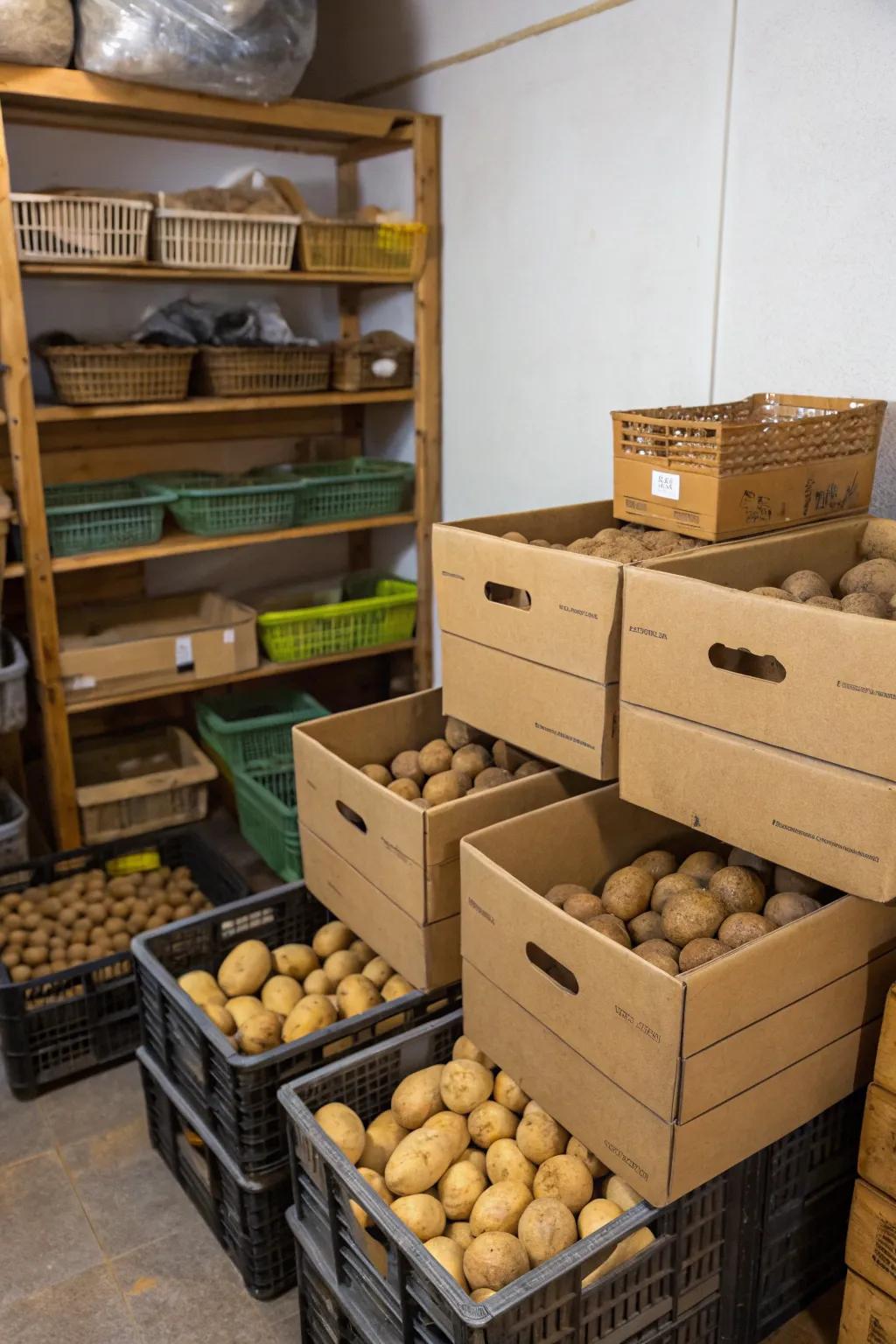 Eco-friendly potato storage with recycled cardboard boxes.