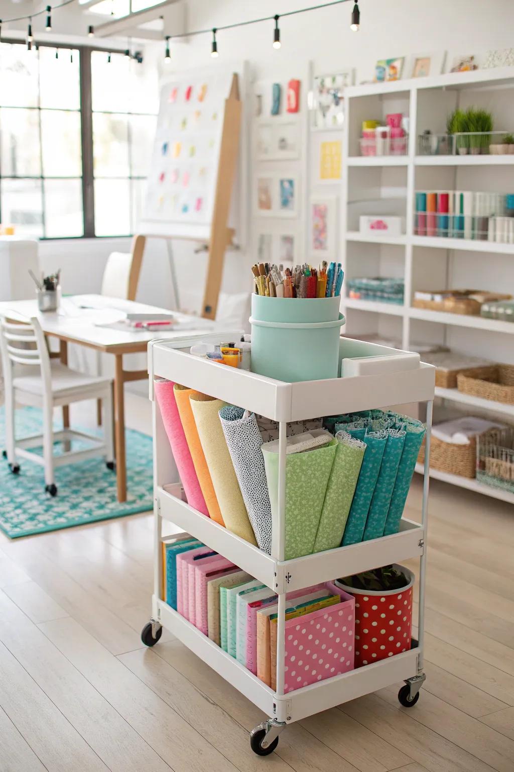 A rolling cart offers a versatile storage solution for tissue paper.