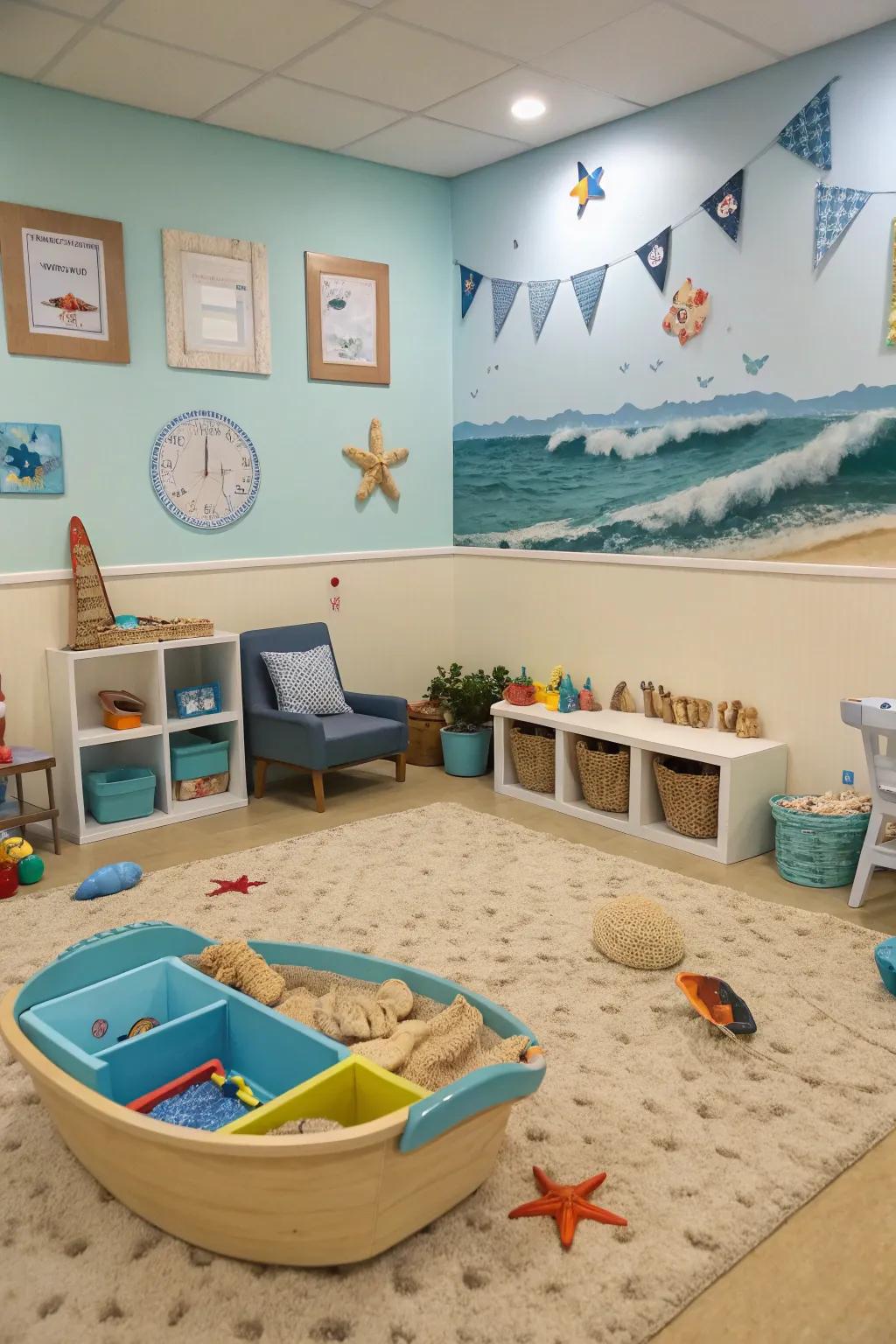 A serene beach retreat classroom that brings the ocean's calmness indoors.