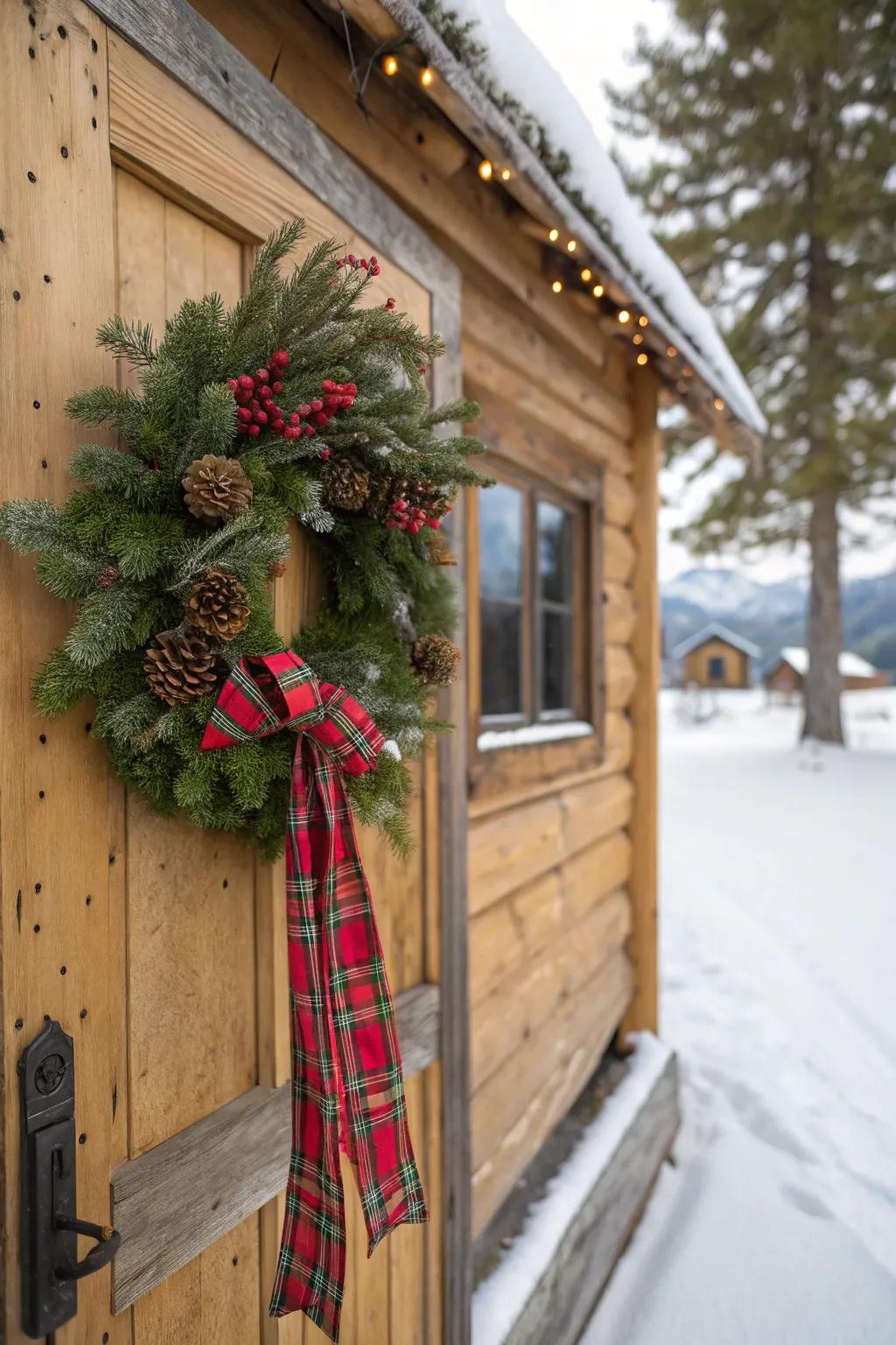 Plaid ribbons add a cozy cabin feel to your winter wreath.