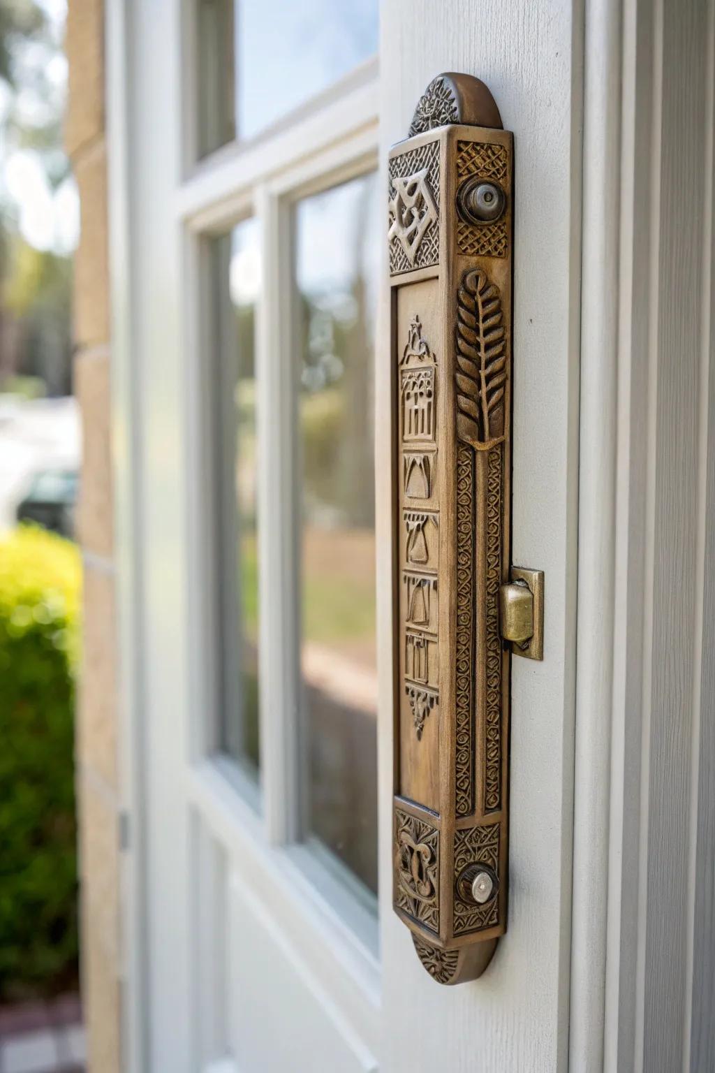 A personalized mezuzah case bringing character to a home entrance.