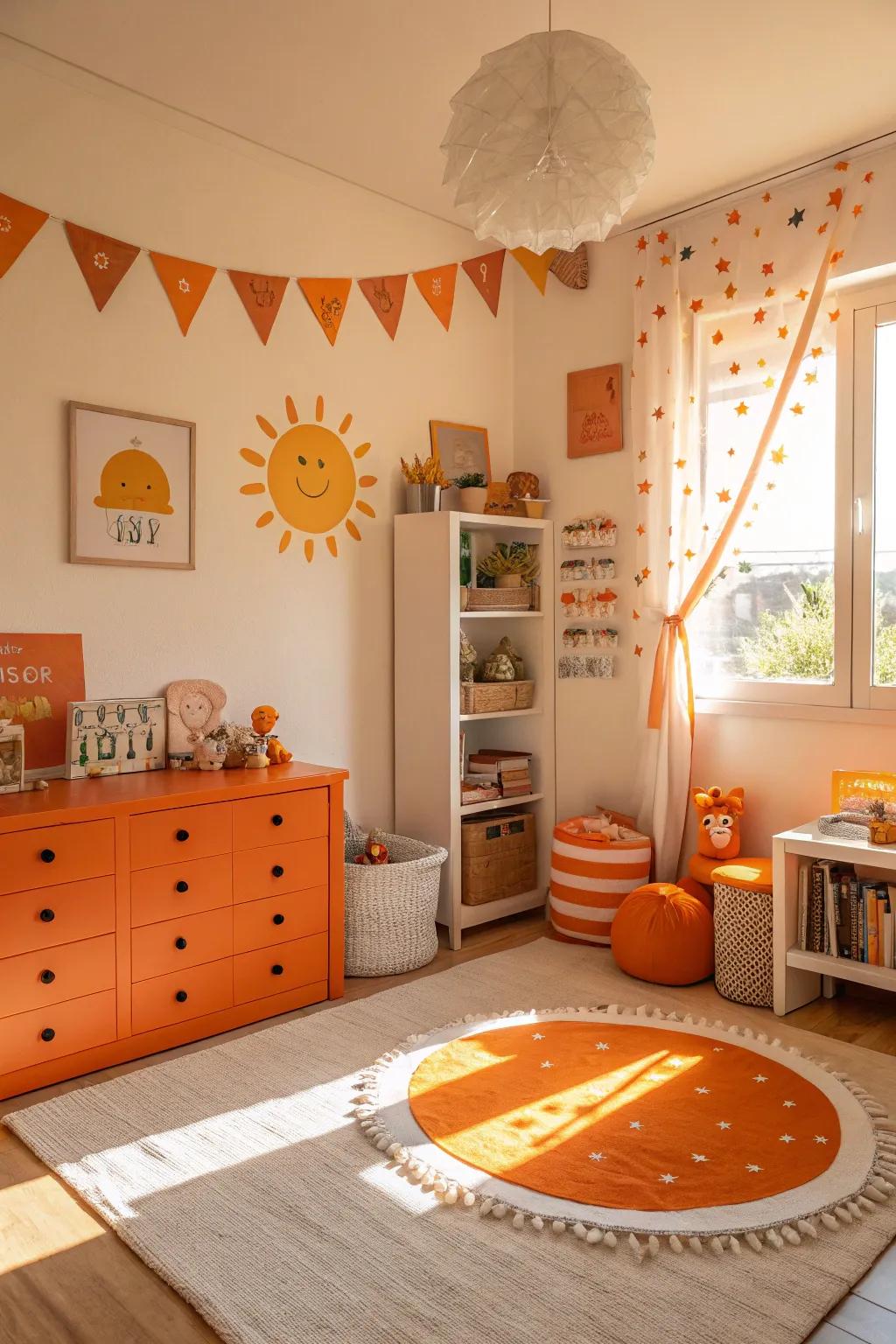 Sunny orange highlights add warmth and energy.