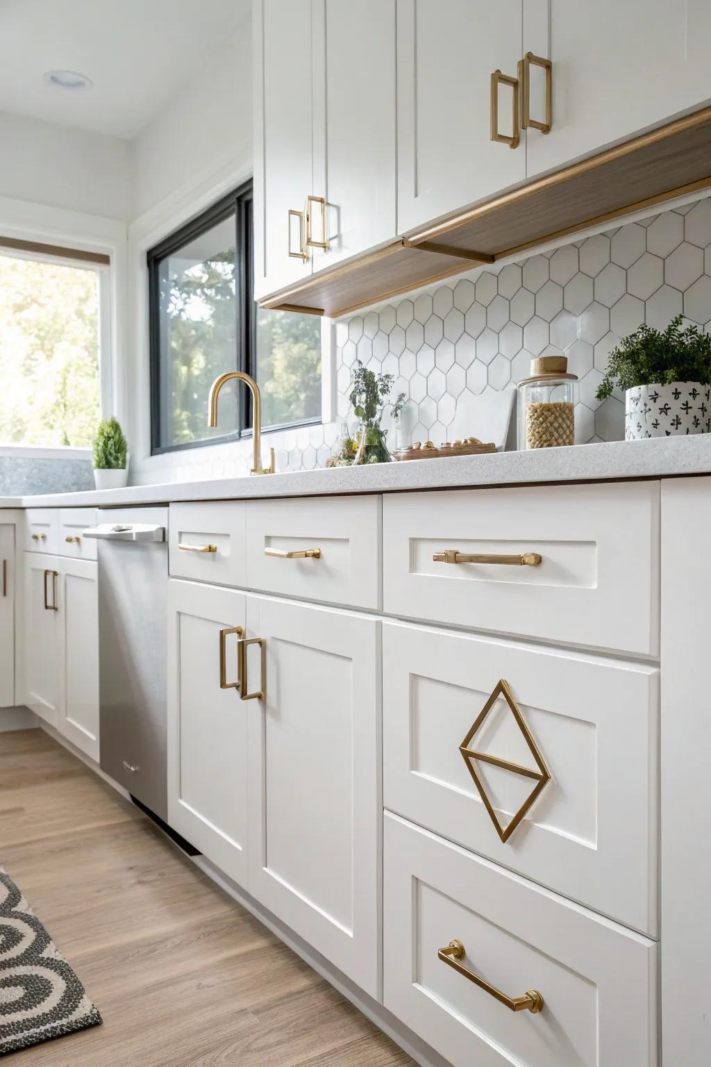 Artistic geometric hardware that adds a modern twist to the kitchen.