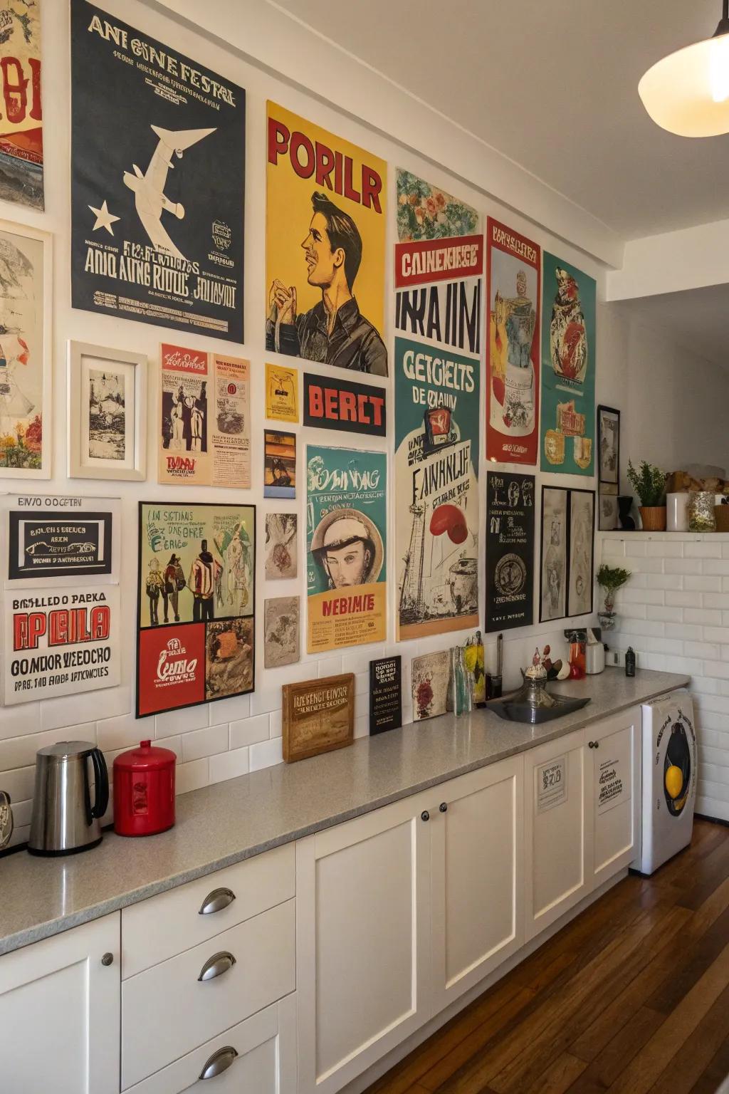 Eclectic mix of posters for a unique and personal kitchen vibe.