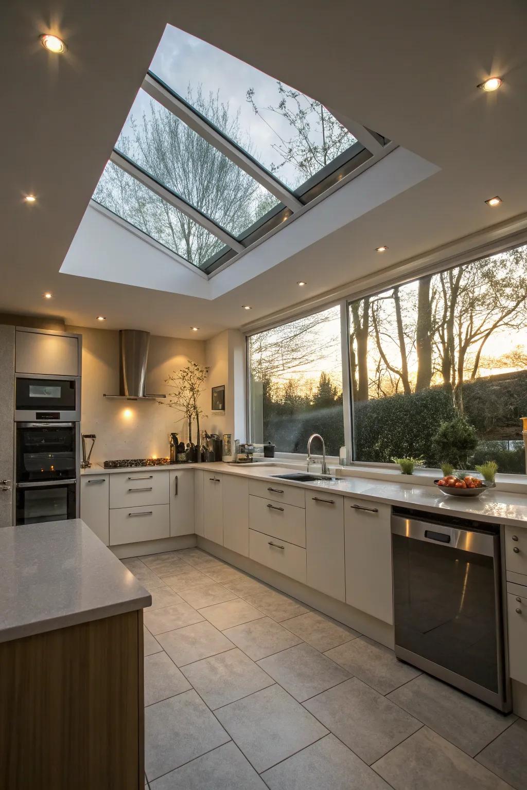 A skylight brings natural light and a sense of openness to the kitchen.