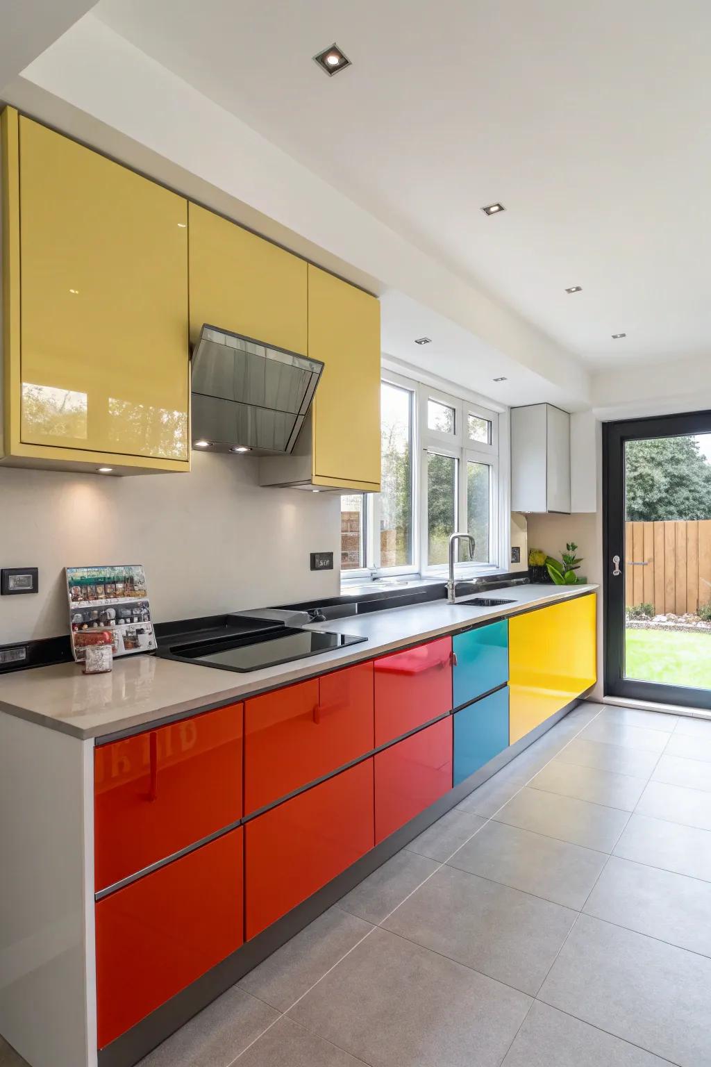 Color blocking adds a bold statement to your kitchen design.