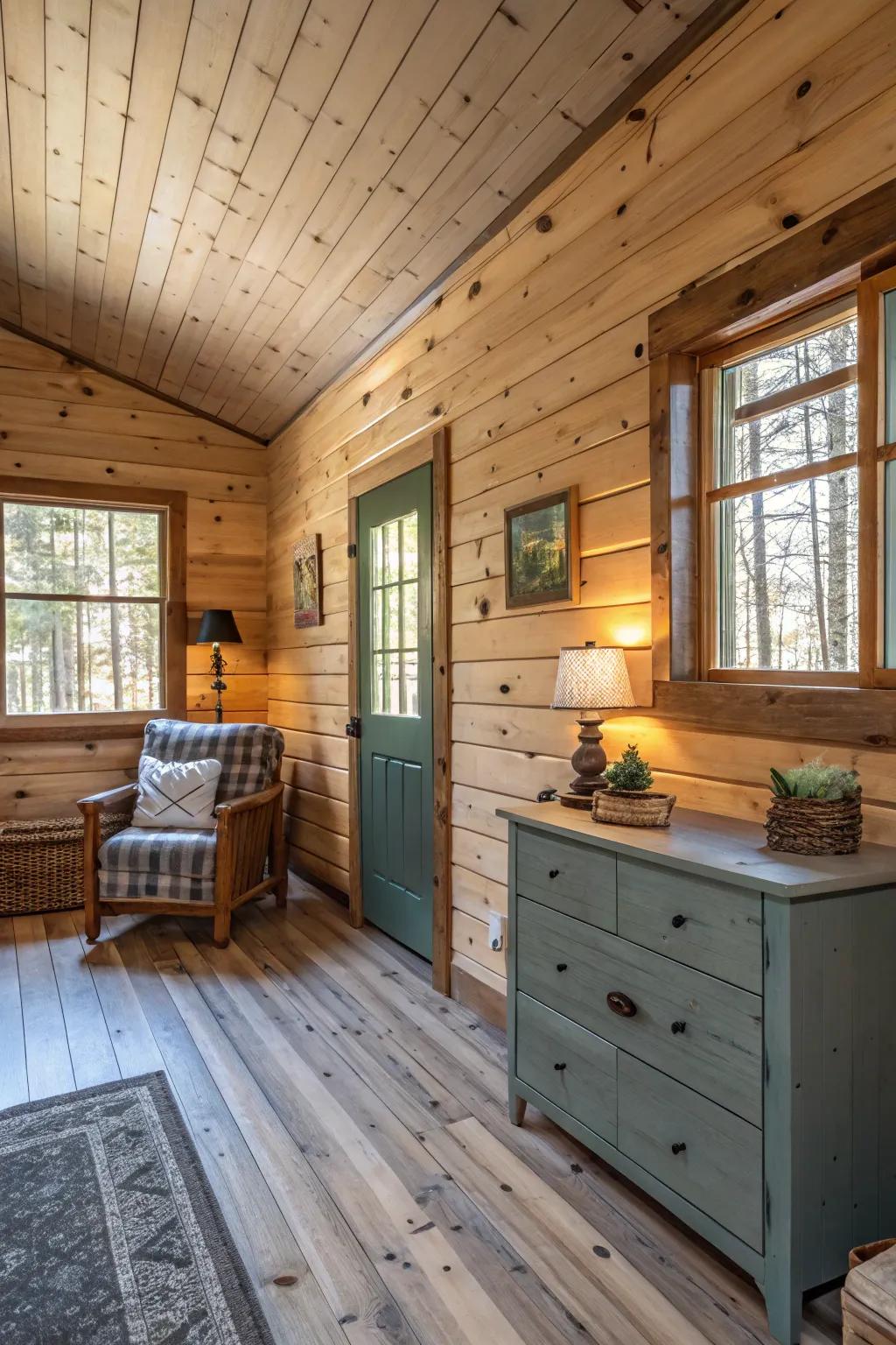 Painted sections adding a modern twist to knotty pine walls.