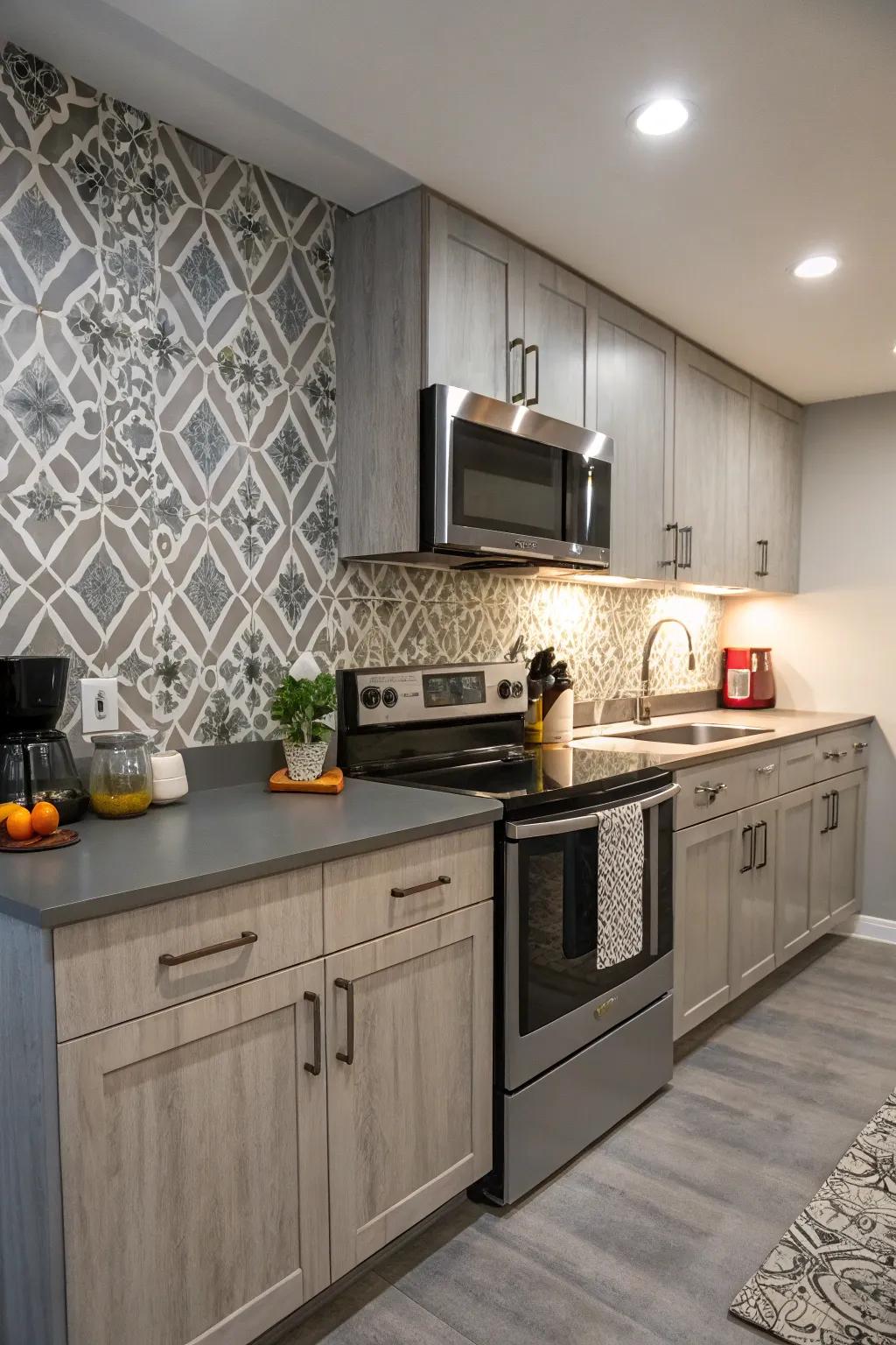 Industrial-style laminate backsplash for an urban edge.