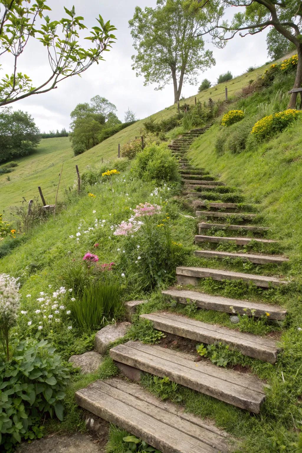 Timber steps offer a natural solution for garden elevation changes.