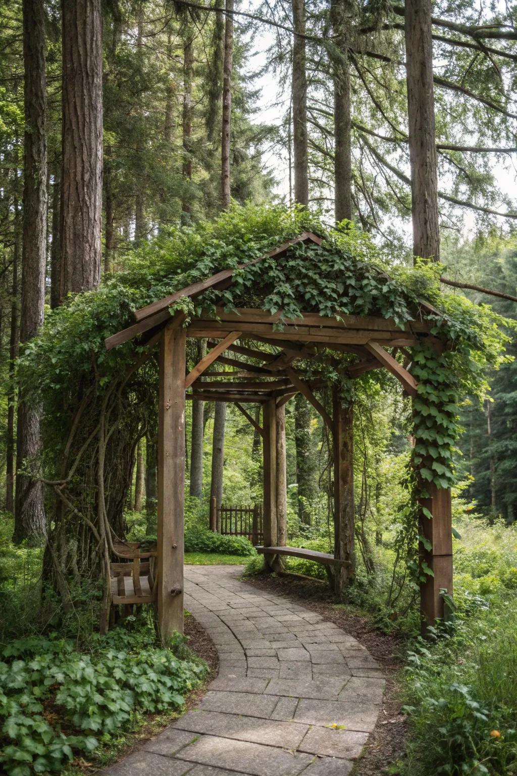 A wooden arbor adding vertical interest to the woods.