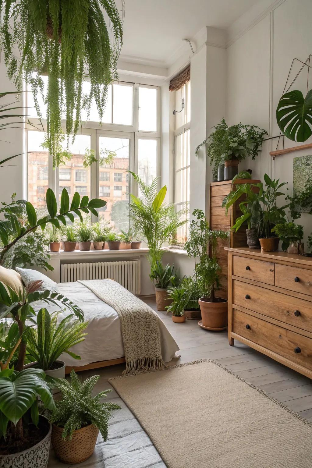 Indoor plants infuse this large bedroom with natural beauty and freshness.