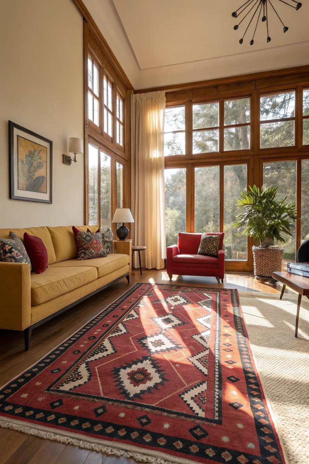 A bold rug that adds character and coziness to a space dominated by large windows.