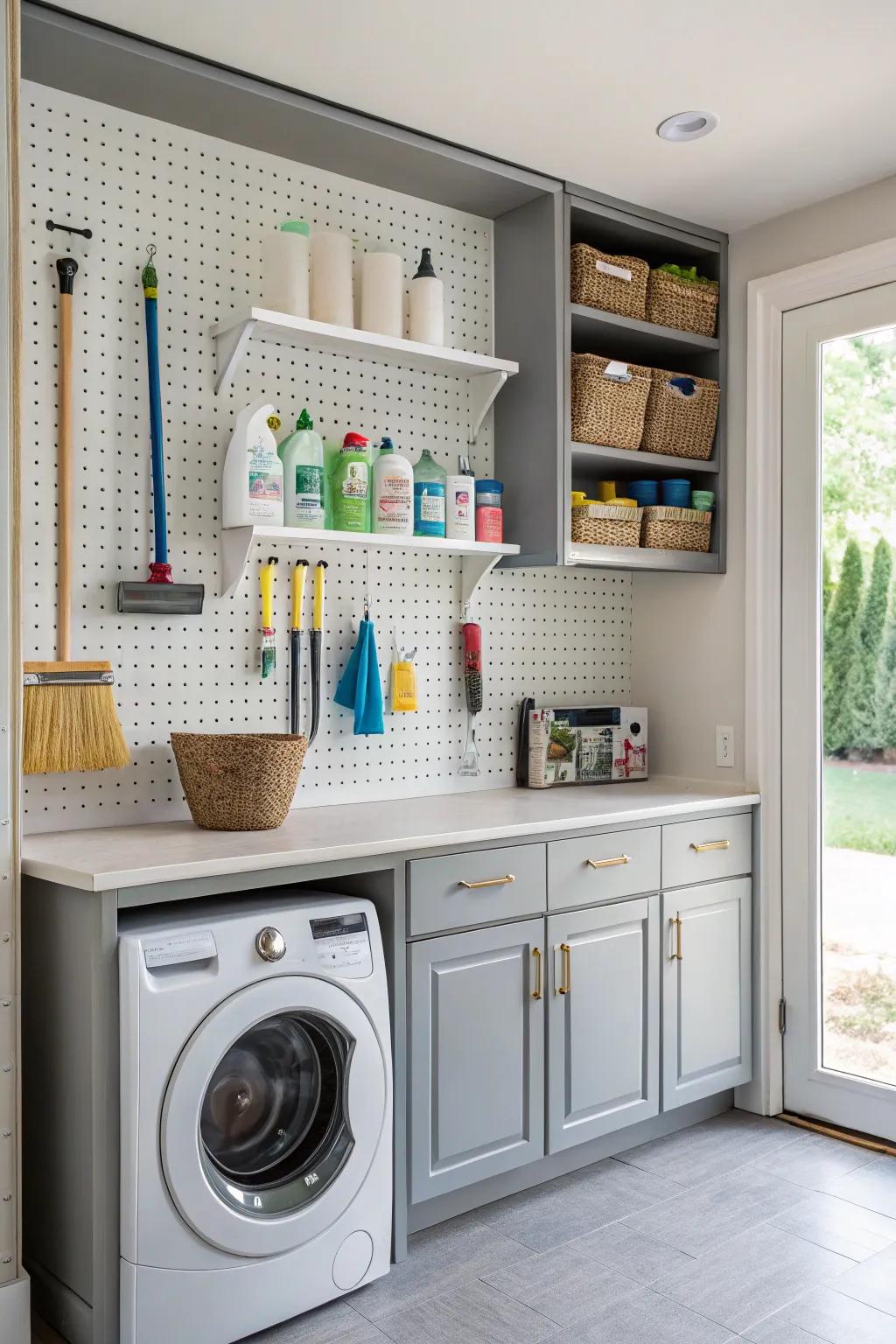 A pegboard offers flexible and versatile storage options.