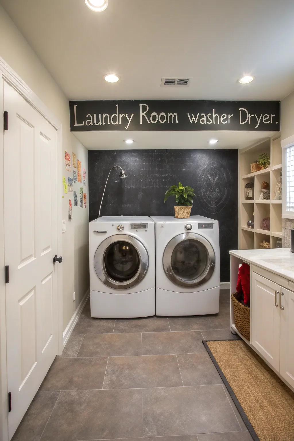 A chalkboard wall adds a playful and practical touch.