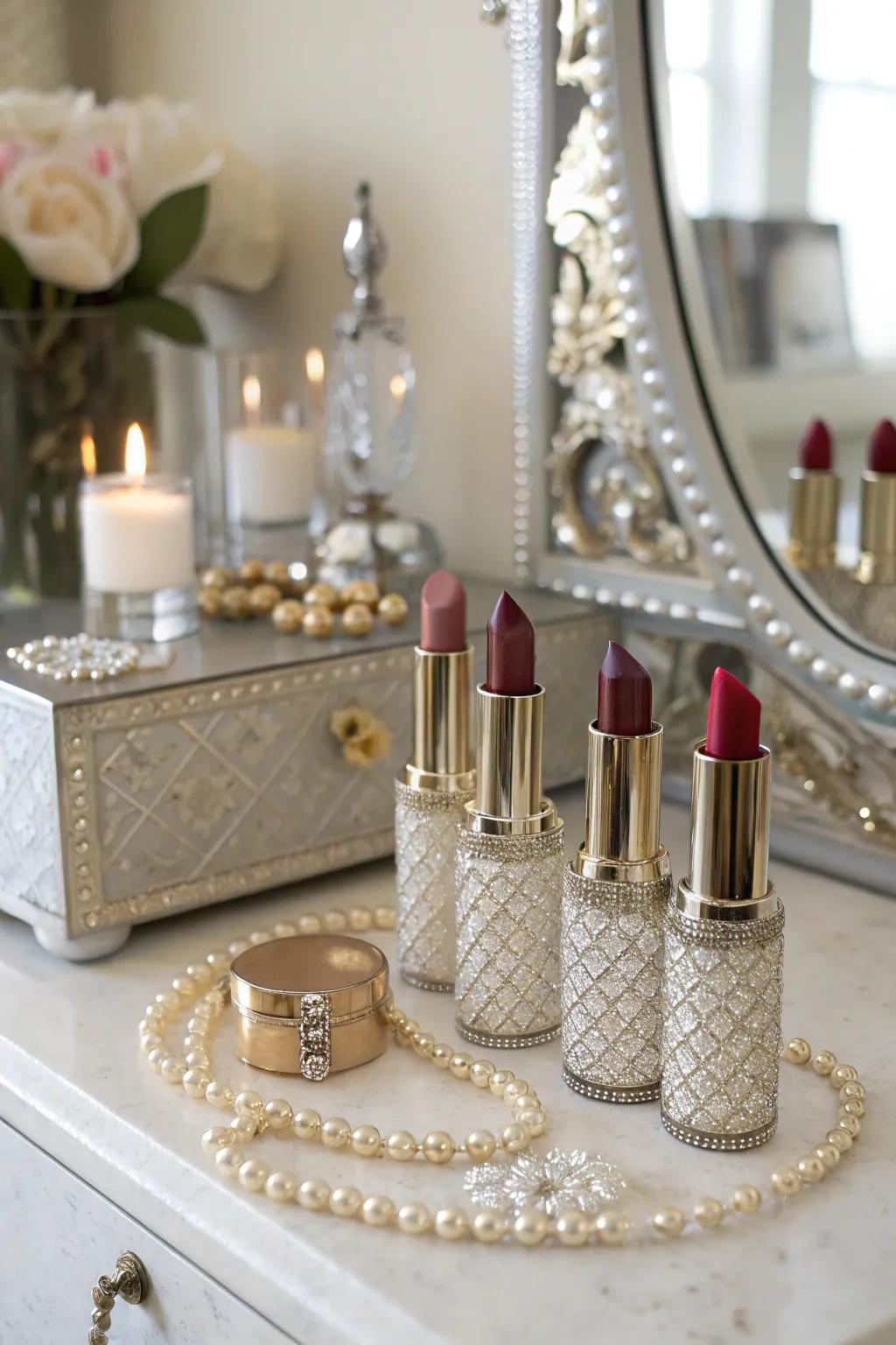 Stylish and sustainable, candle holders make great lipstick storage.