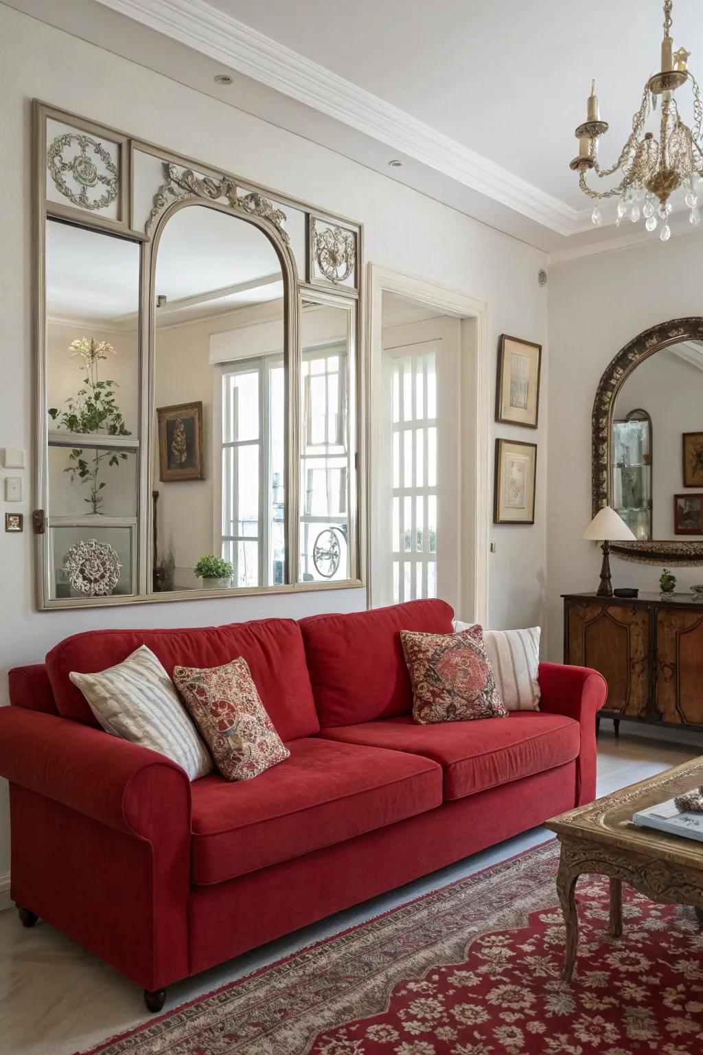 Mirrors and reflective surfaces amplify light and color, enhancing the red couch's impact.