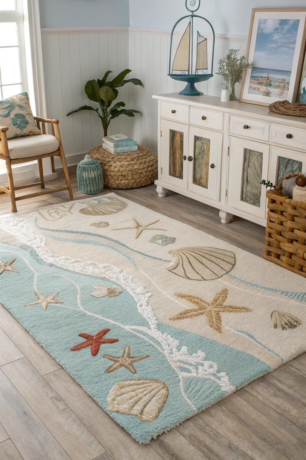 Coastal rugs introduce a serene and breezy ambiance.