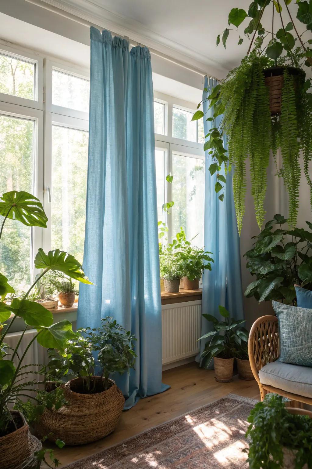 Lush greenery contrasts with blue curtains, adding freshness and natural balance to the space.