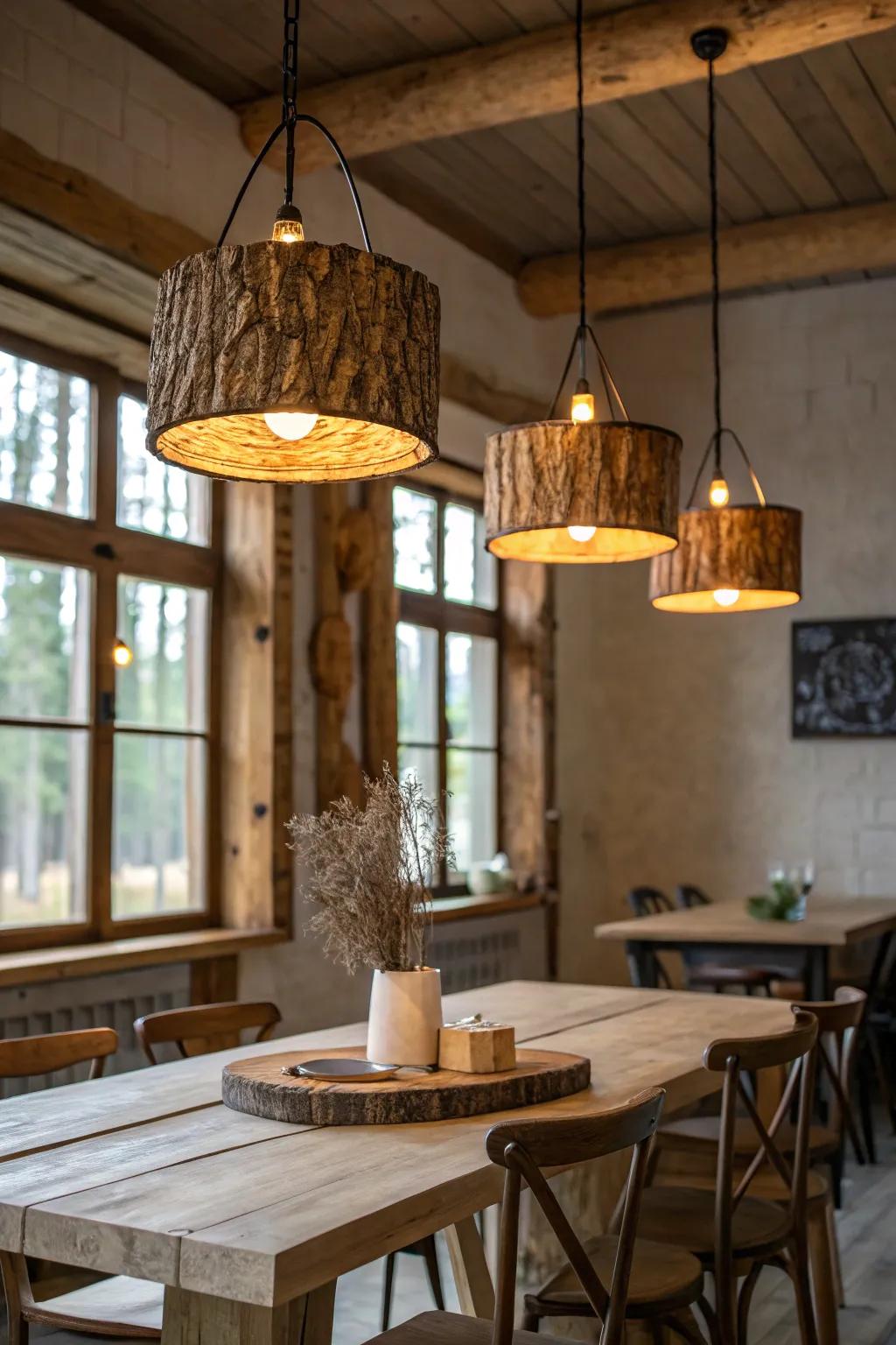 Log pendant lights adding a rustic feel to a dining area.