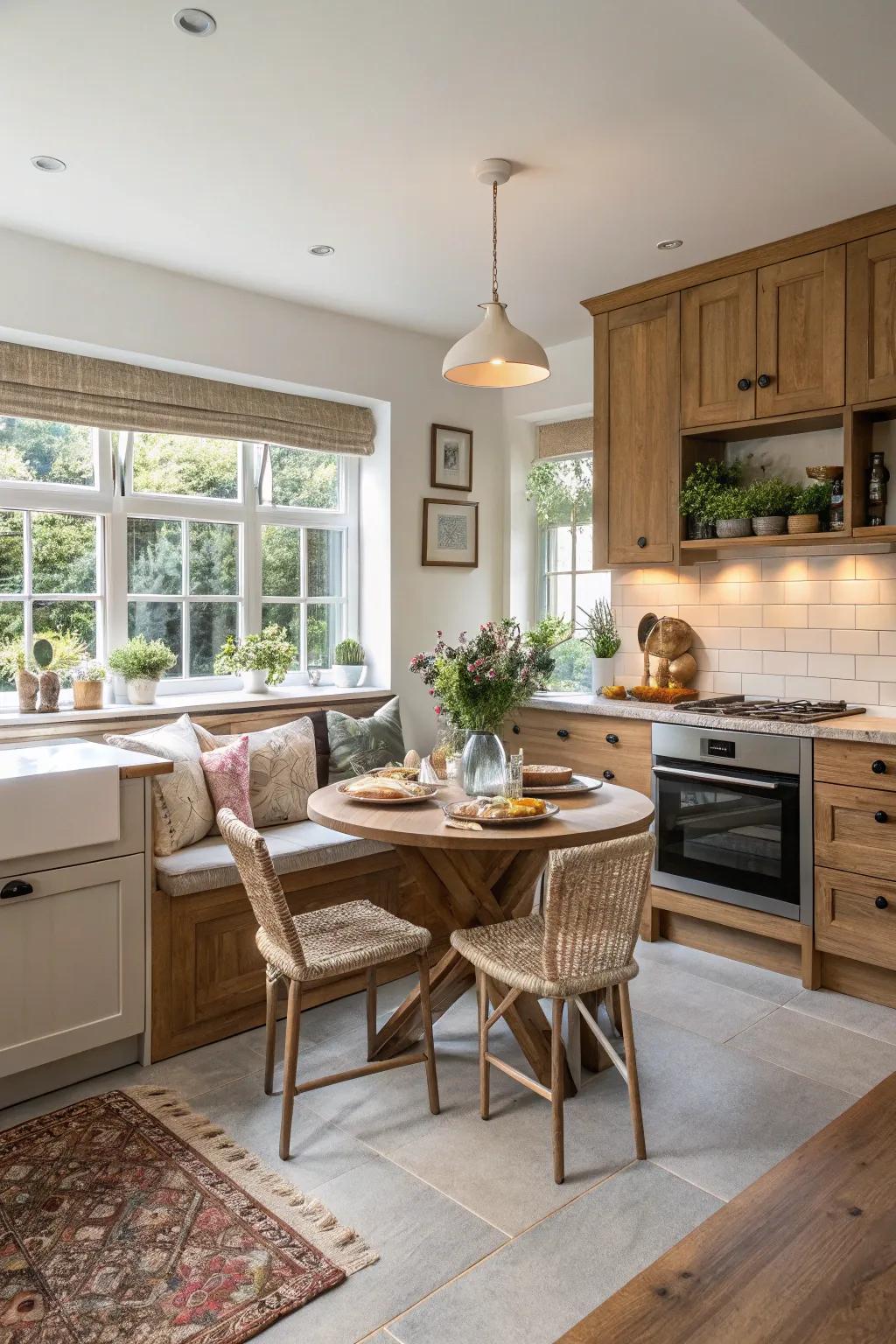 A breakfast nook adds charm and functionality.