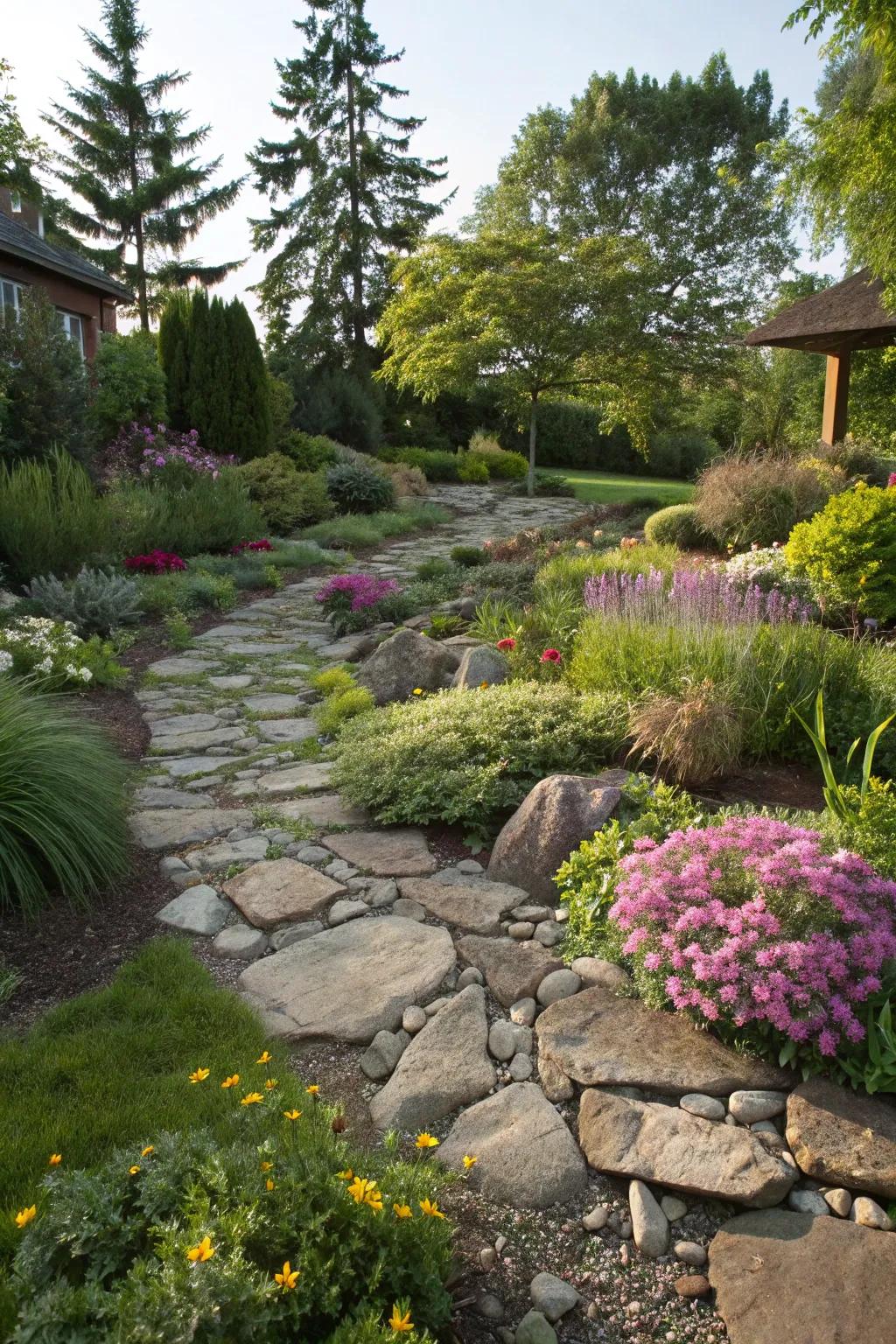 Rocky ground covers for easy maintenance.