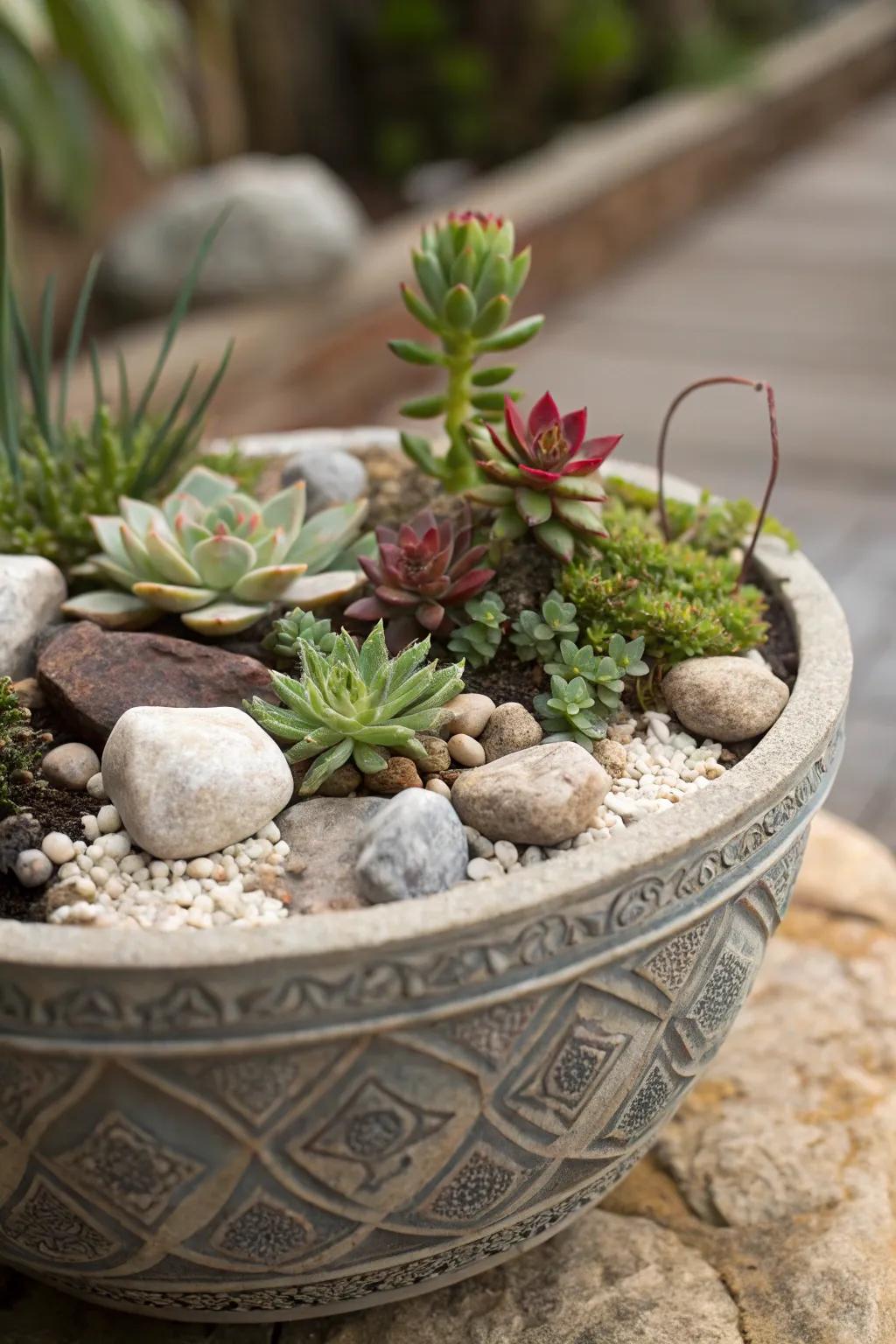 A miniature rockery in a pot for small spaces.