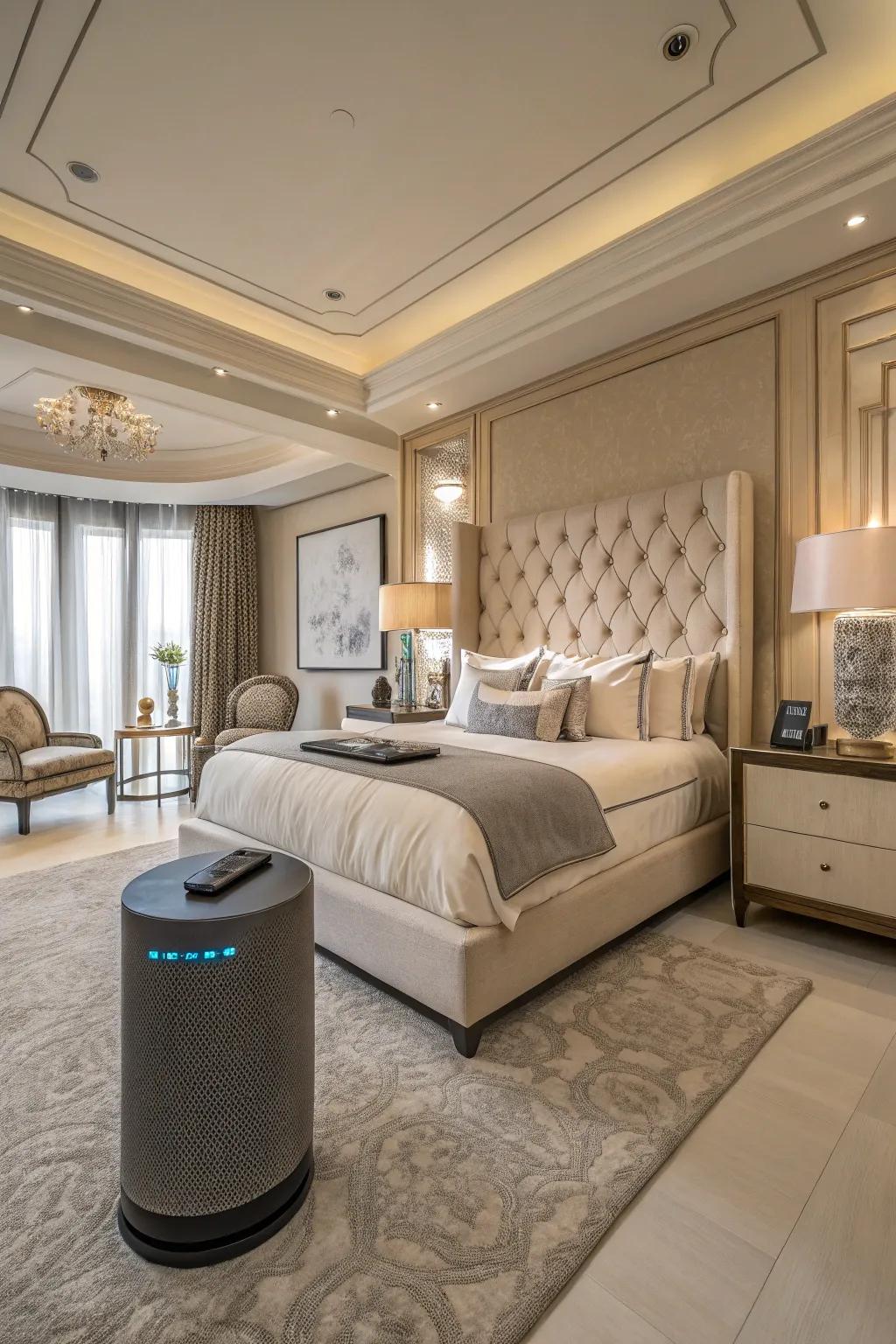 A luxurious bedroom with modern technology integrated for enhanced convenience.