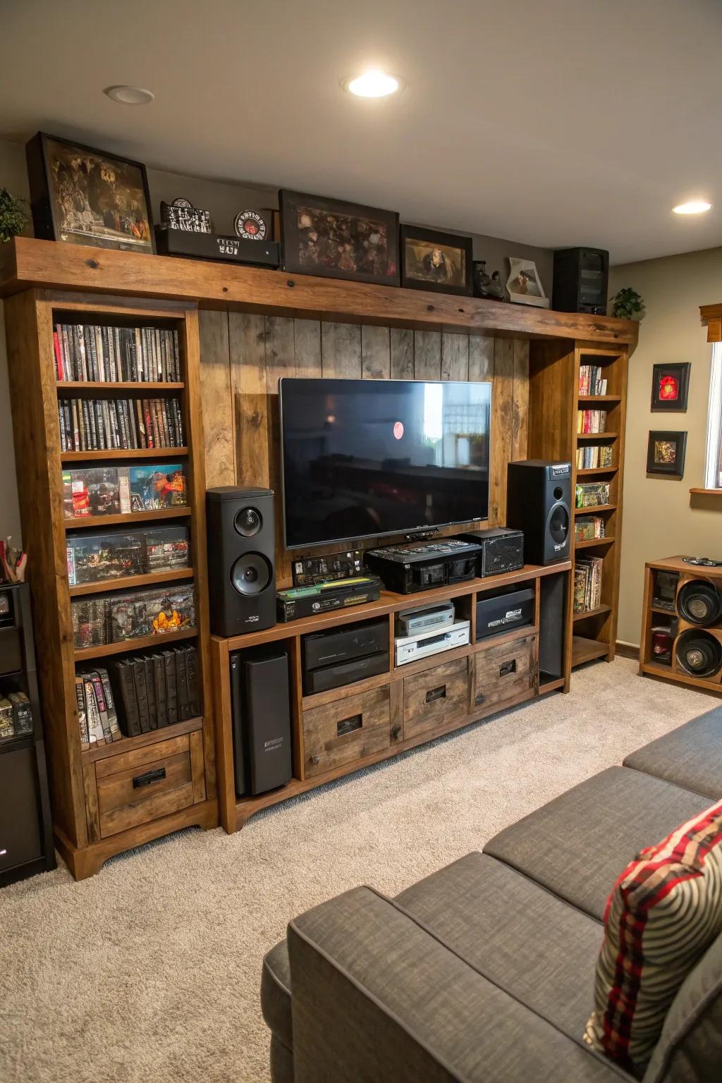 A custom entertainment center serves as a focal point in this man cave.