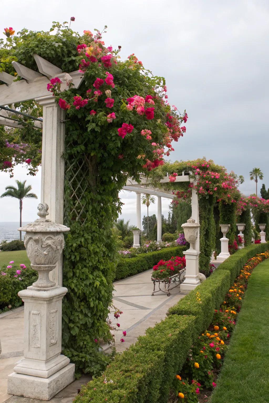 Decorative accents enhance the beauty of a trellis with flourishing mandevilla.