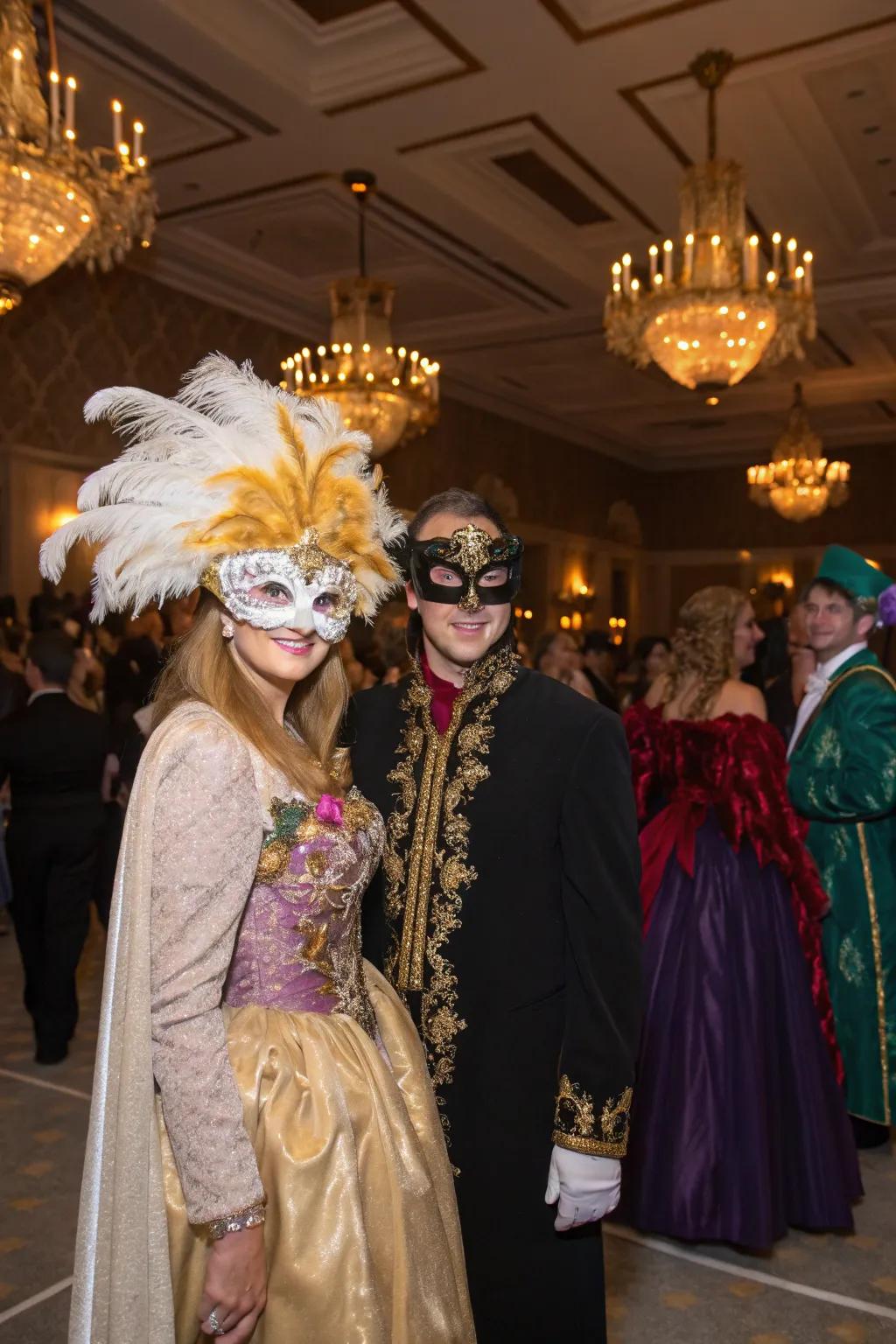 Guests dressed in elaborate costumes enhancing the masquerade theme.