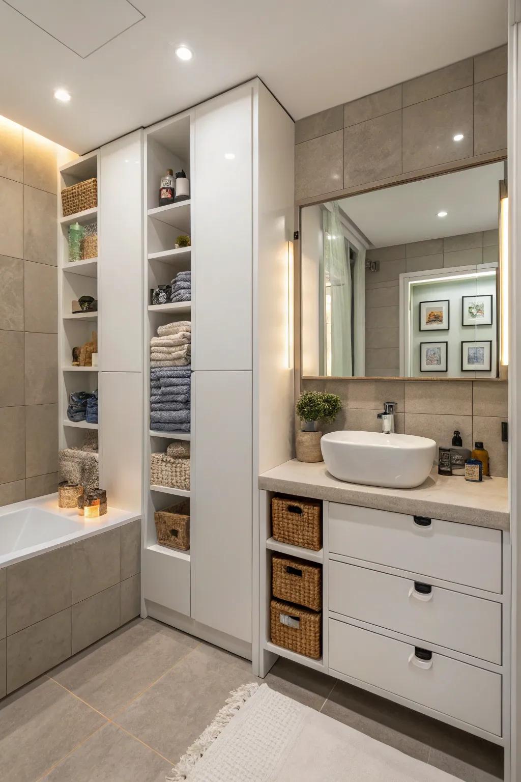 Bathroom featuring innovative storage solutions to maintain a clutter-free space.