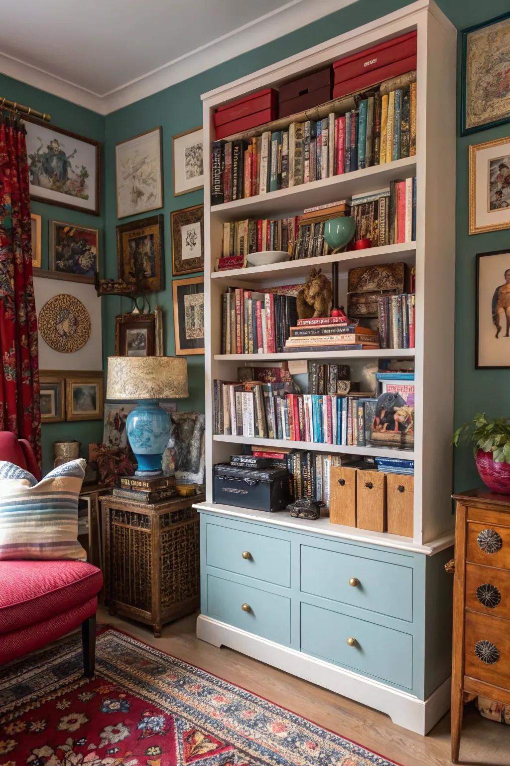 A curated bookcase reflects personal interests and travels.