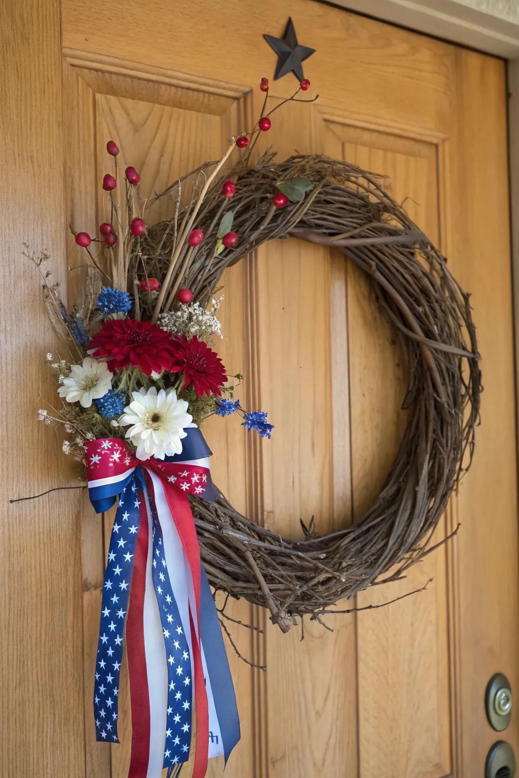 An earthy wreath with natural elements and patriotic hues.