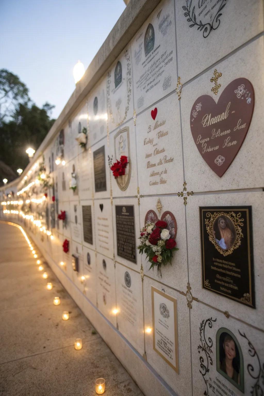 Wall decals conveying love and memories on a memorial wall.