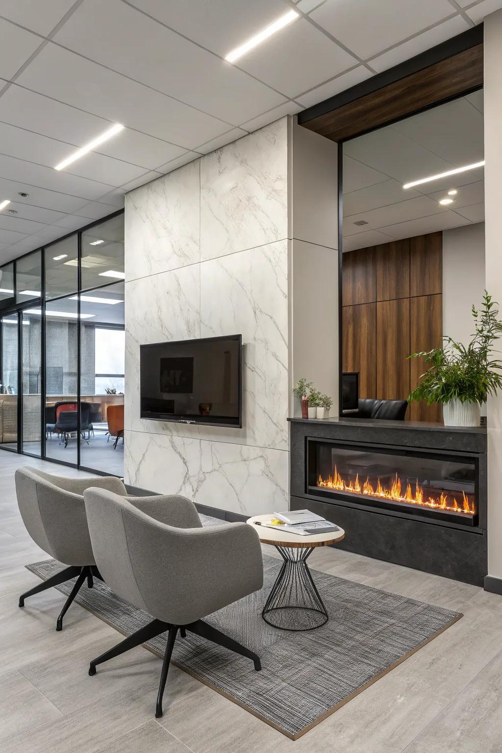 A modern electric fireplace serves as a cozy focal point in the office.