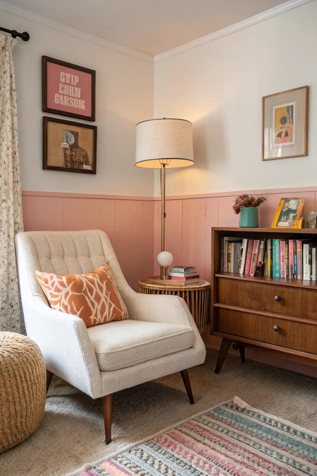 A cozy reading nook nestled in a mid-century modern bedroom, perfect for relaxation.