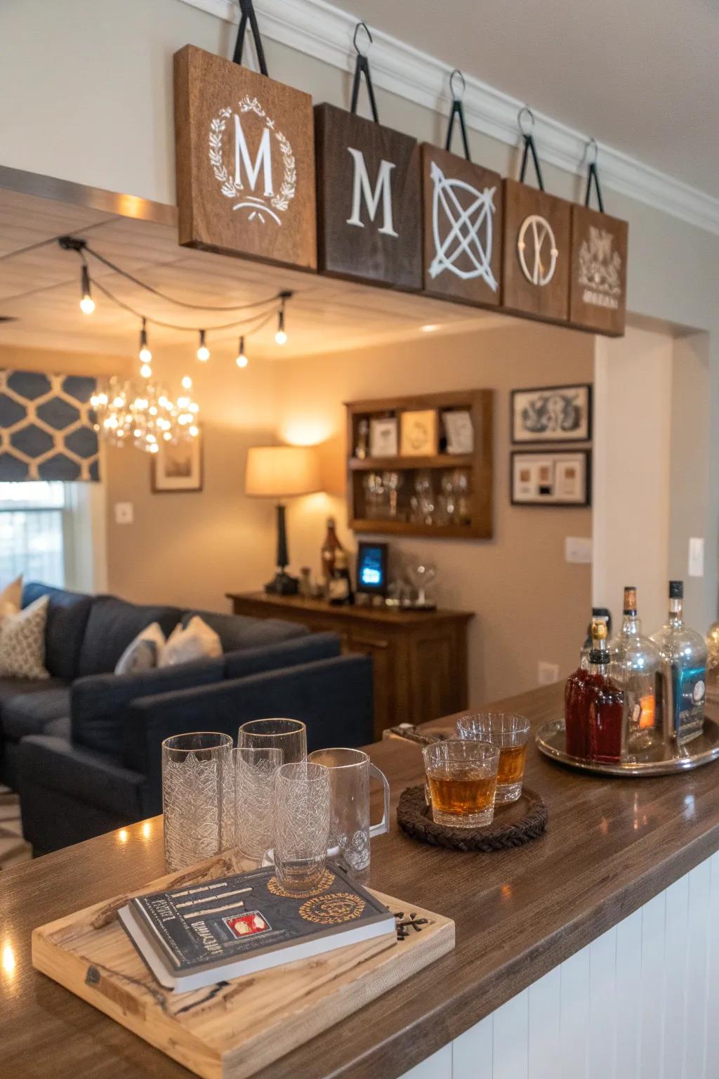 Custom touches personalize and enhance a home bar's charm.