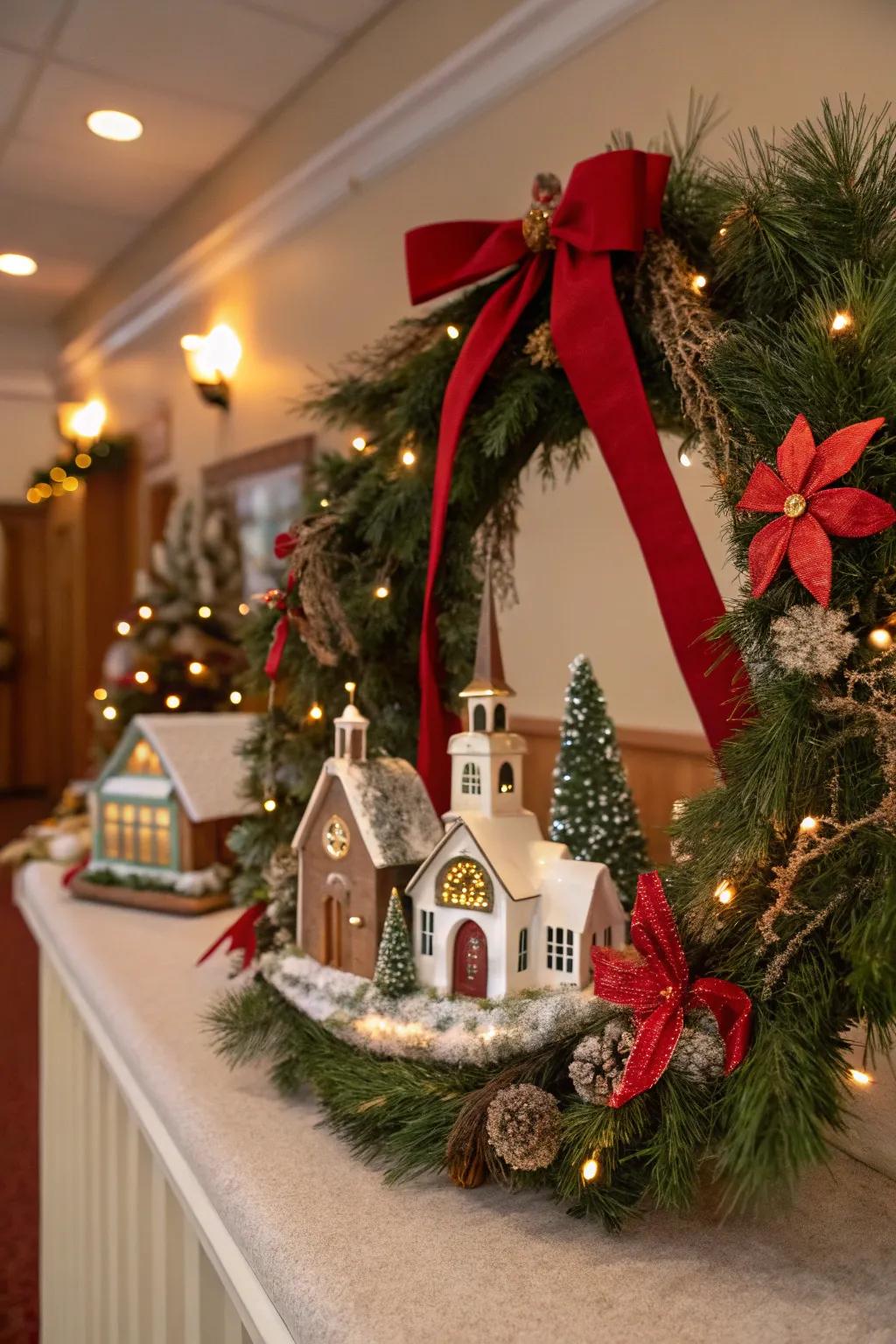 A unique village display on a wreath.