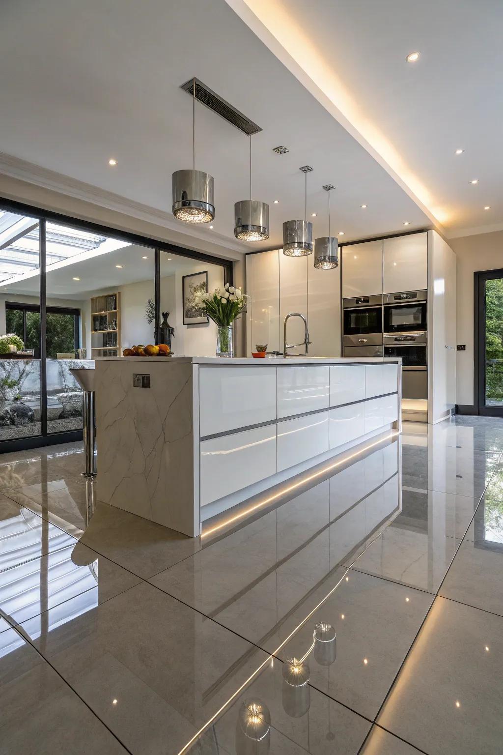 A mirrored kitchen island that reflects space and adds modernity.