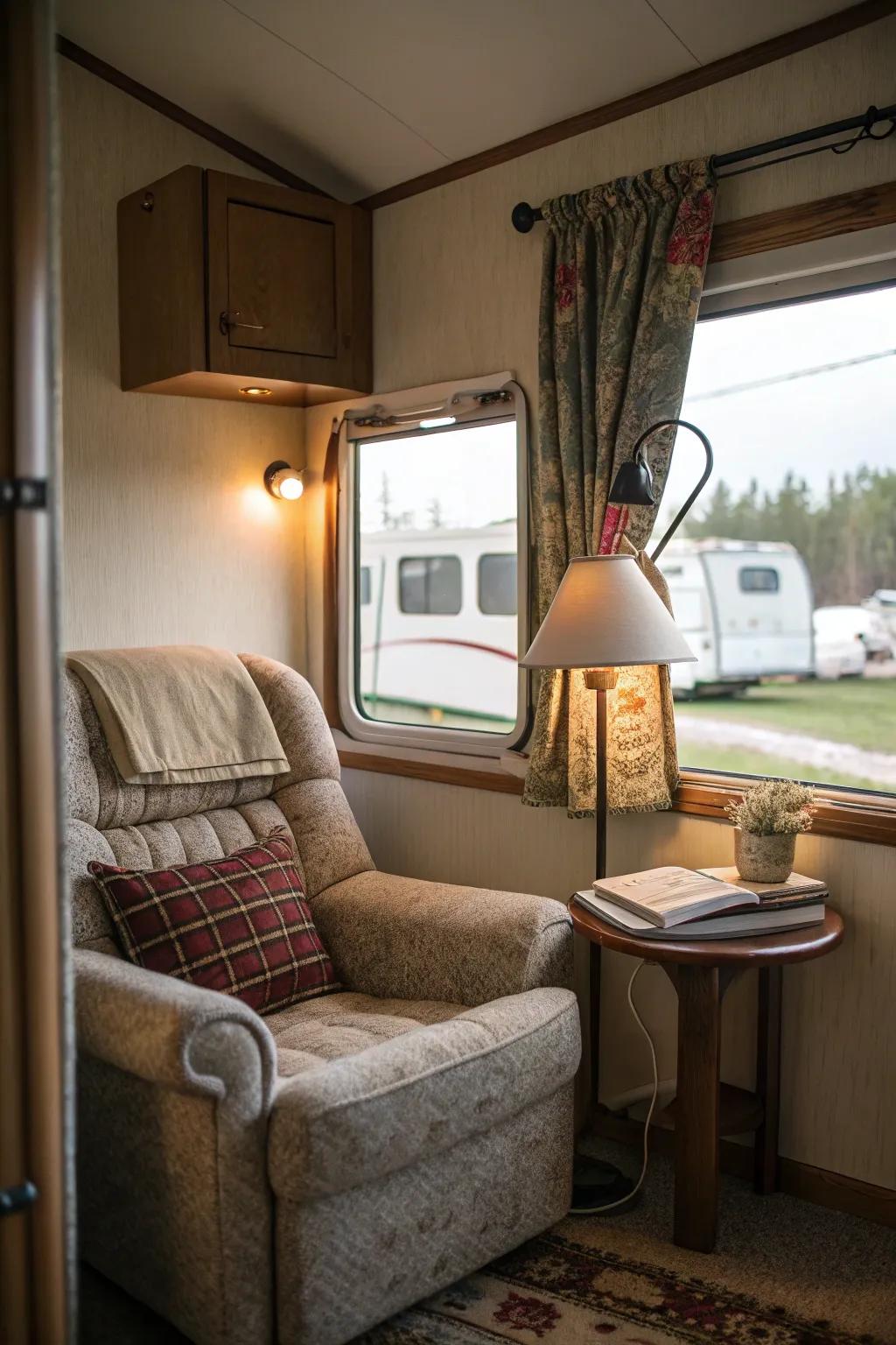 A cozy nook provides a perfect spot for relaxation and reading.