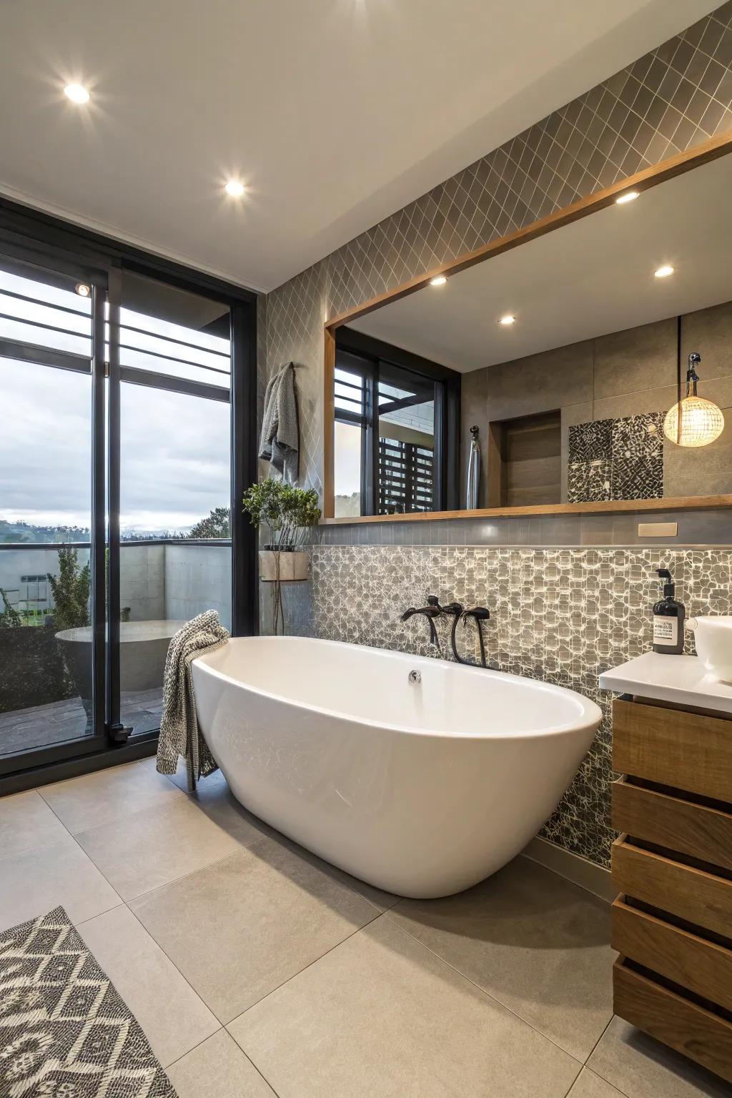 A uniquely shaped tub adds an unexpected twist to this bathroom.