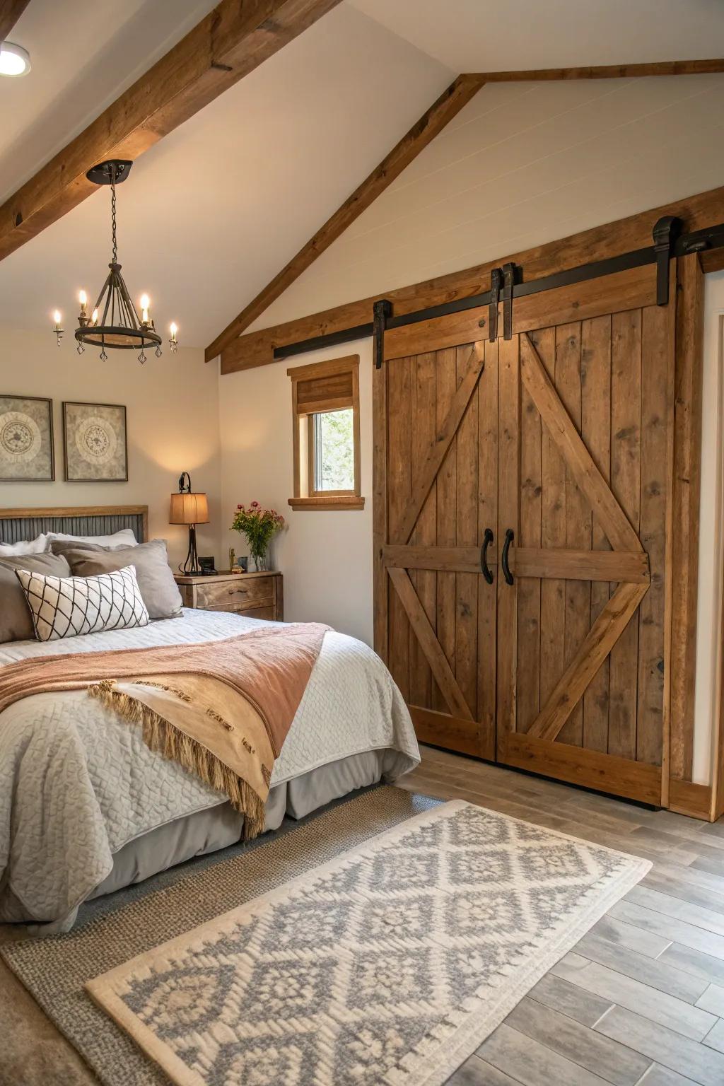 Barn doors add rustic charm and functionality to this modern farmhouse bedroom.