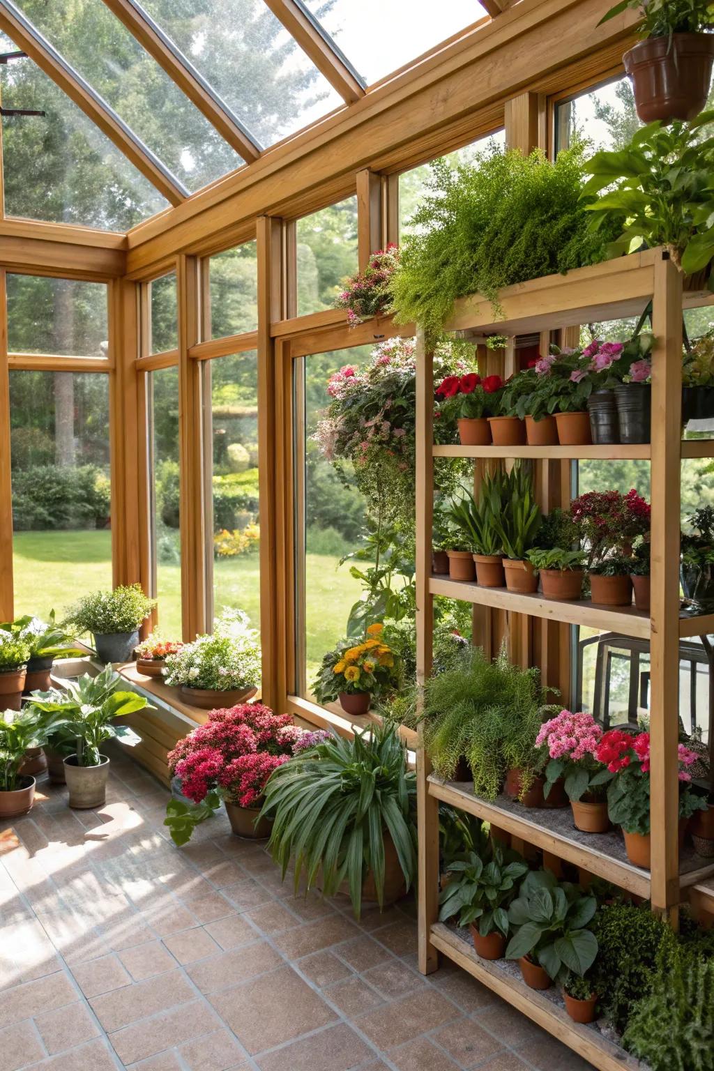 A greenhouse sunroom, lush with greenery and natural light.