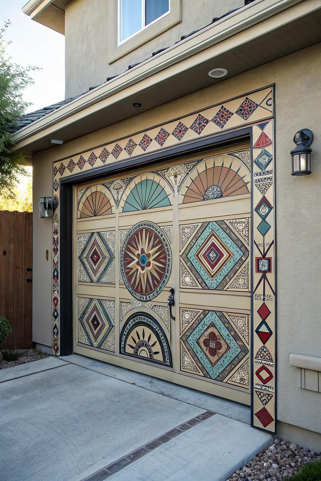 Geometric patterns create visual interest on garage doors.