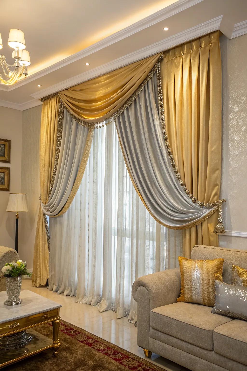 Metallic-threaded curtains add dynamic elegance to the room.