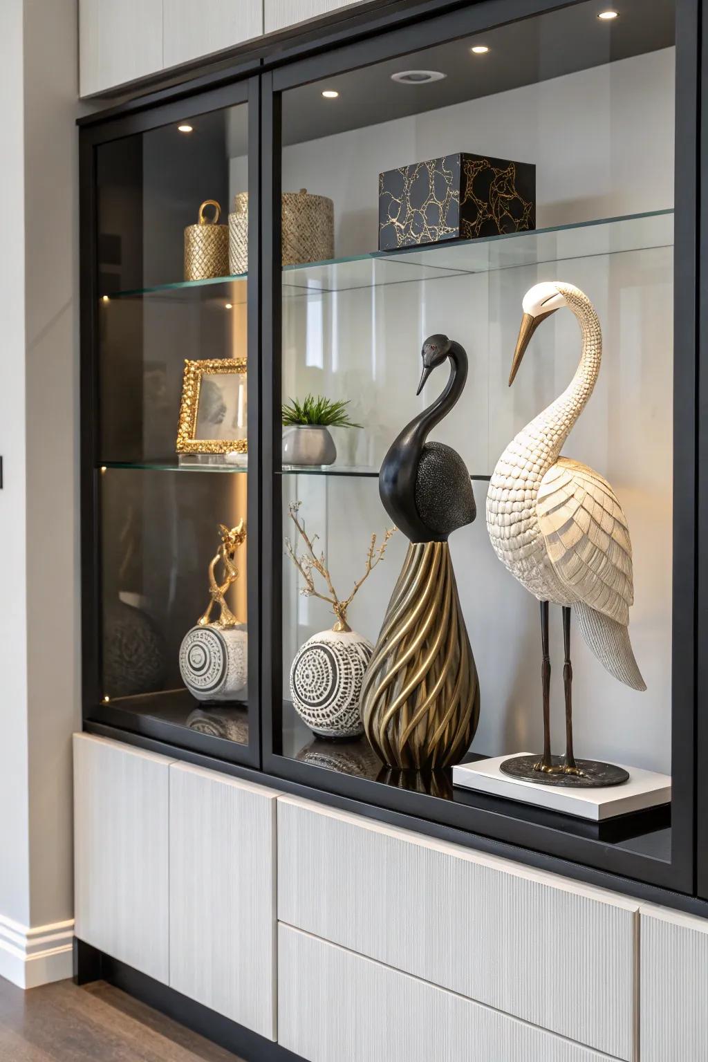 Sculptures add artistry and elegance to the hutch.