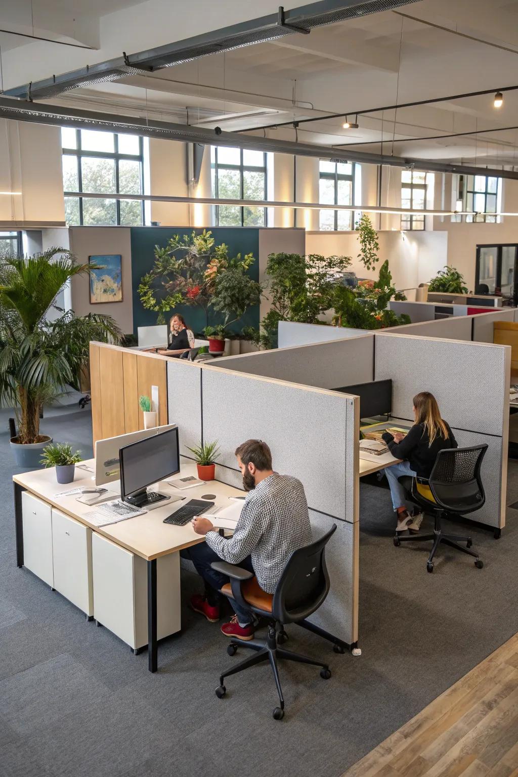 An office with modular furniture and a flexible layout.