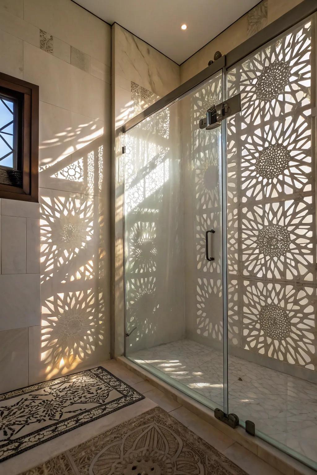 A shower space where frosted glass plays with light and shadow beautifully.